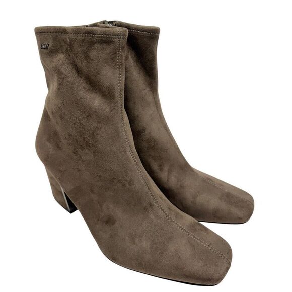 DKNY Boots Size 9 Brown Square Toe Block‎ Heel Textile Side Zip - Picture 1 of 9